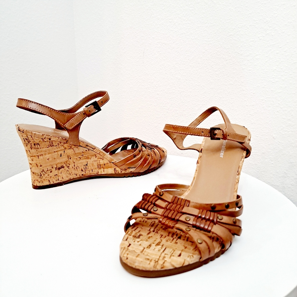 Naturalizer Leather cork wedge sandals boho Ursula Brazil strappy brown shoes - Picture 1 of 11
